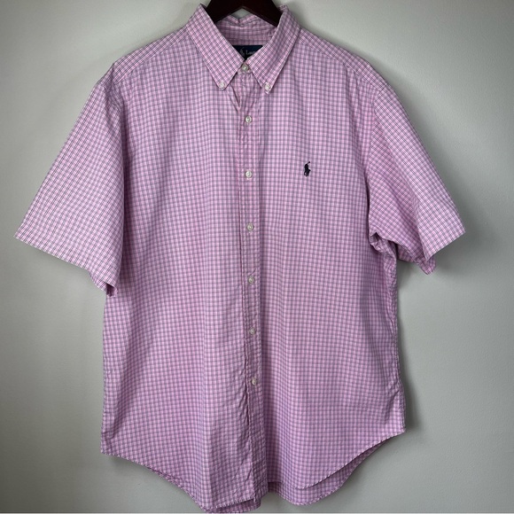 VTG Polo Ralph Lauren Mens XL Pink Checker Short Sleeve Shirt Preppy Black Pony - Picture 3 of 10